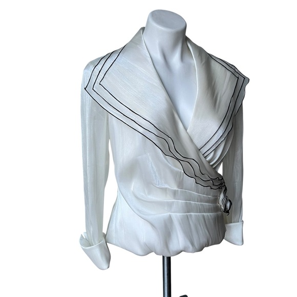 Rare 90s Cachet Shimmery White Faux Wrap Wide Lapel Sheer Sleeve Blouse - Picture 3 of 14